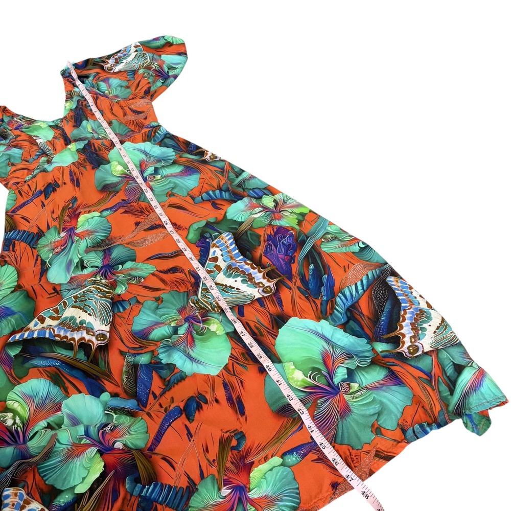 Vintage Boho Tropical Floral Butterfly Midi Dress M V-Neck Smock Made in Brazil - Picture 5 of 8
